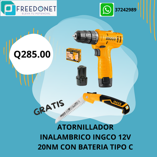 ATORNILLADOR INALAMBRICO INGCO 12V 20NM CON BATERIA TIPO C